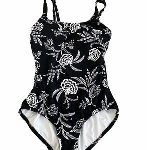 Lands End Black Floral One Piece Bathing Suit